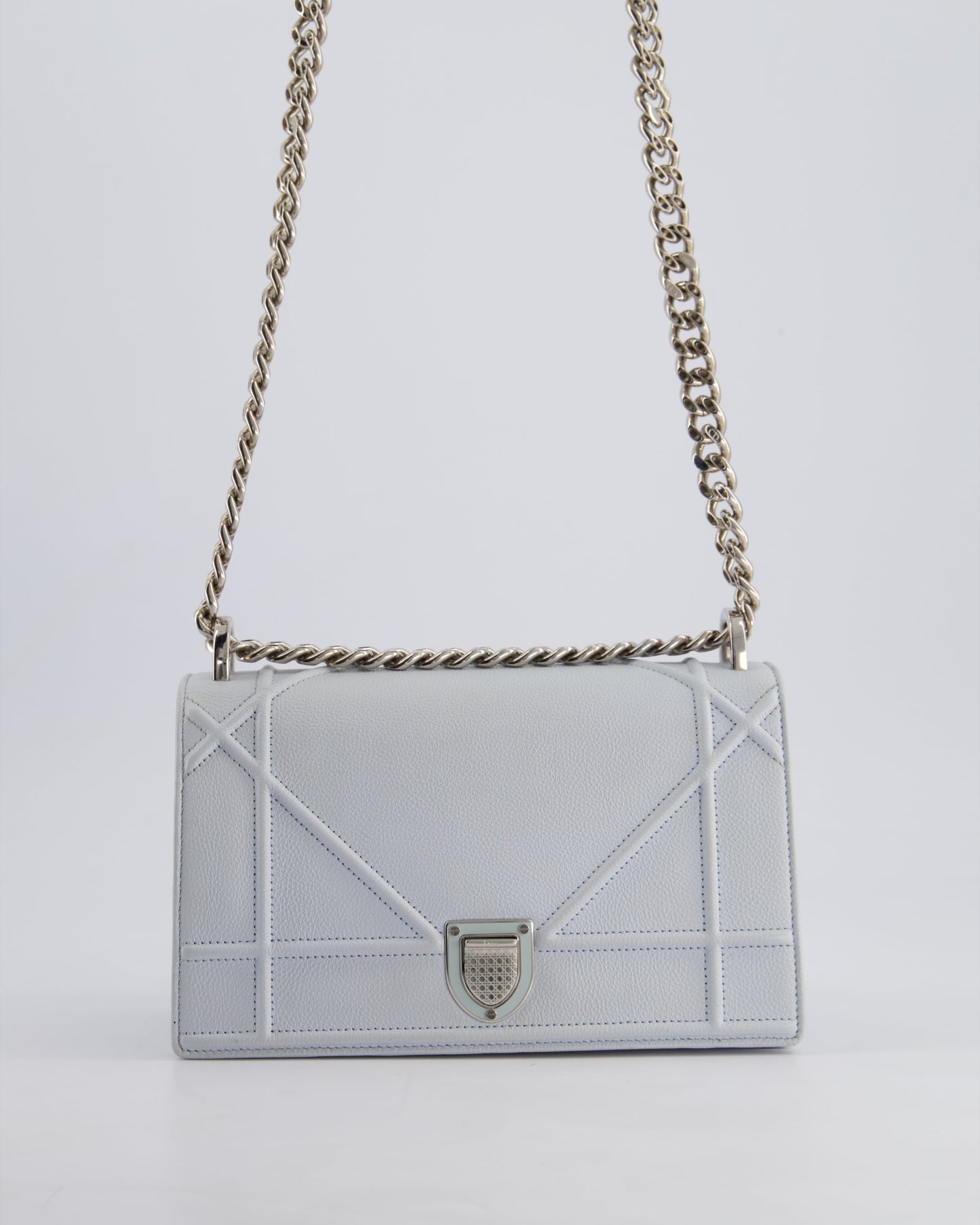 Christian Dior Baby Blue Small Diorama Flap Bag in Grained Calfskin Leather with Silver Hardware