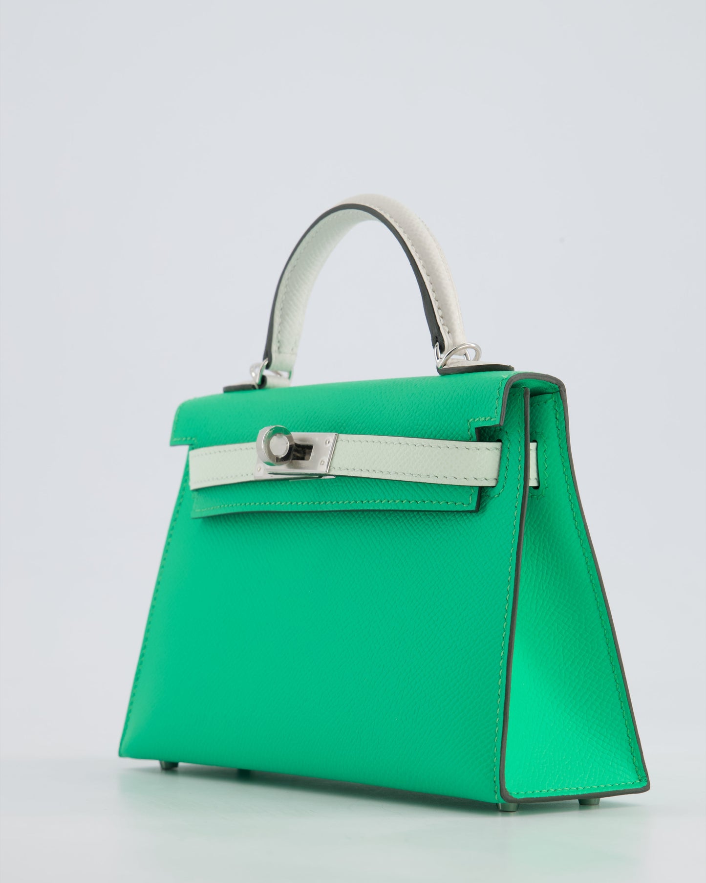 Hermès Mini Kelly II Tricolour 20cm Bag In Vert Comics, Vert Fizz and Gris Pale Epsom Leather with Palladium Hardware