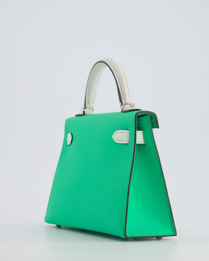 Hermès Mini Kelly II Tricolour 20cm Bag In Vert Comics, Vert Fizz and Gris Pale Epsom Leather with Palladium Hardware