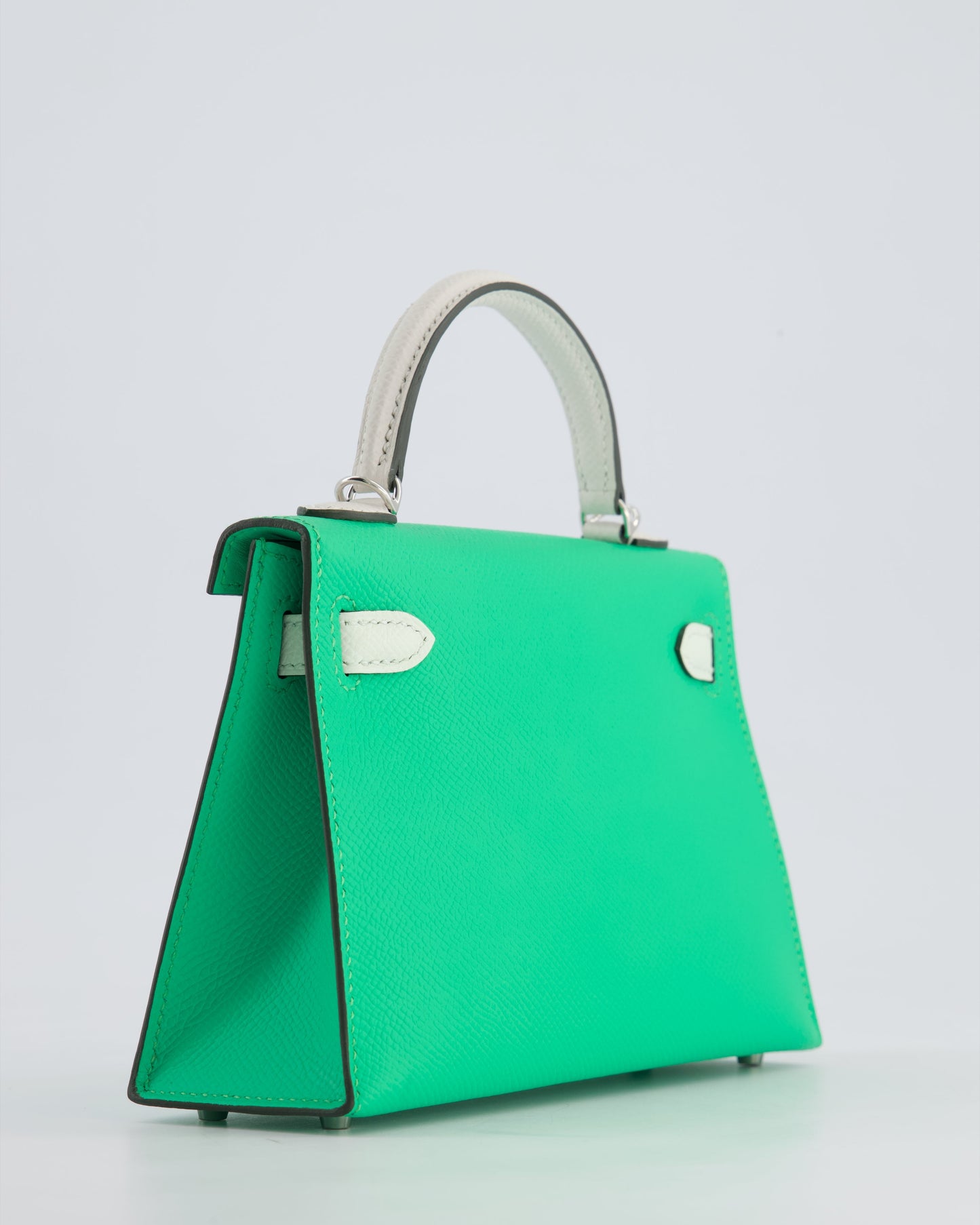 Hermès Mini Kelly II Tricolour 20cm Bag In Vert Comics, Vert Fizz and Gris Pale Epsom Leather with Palladium Hardware