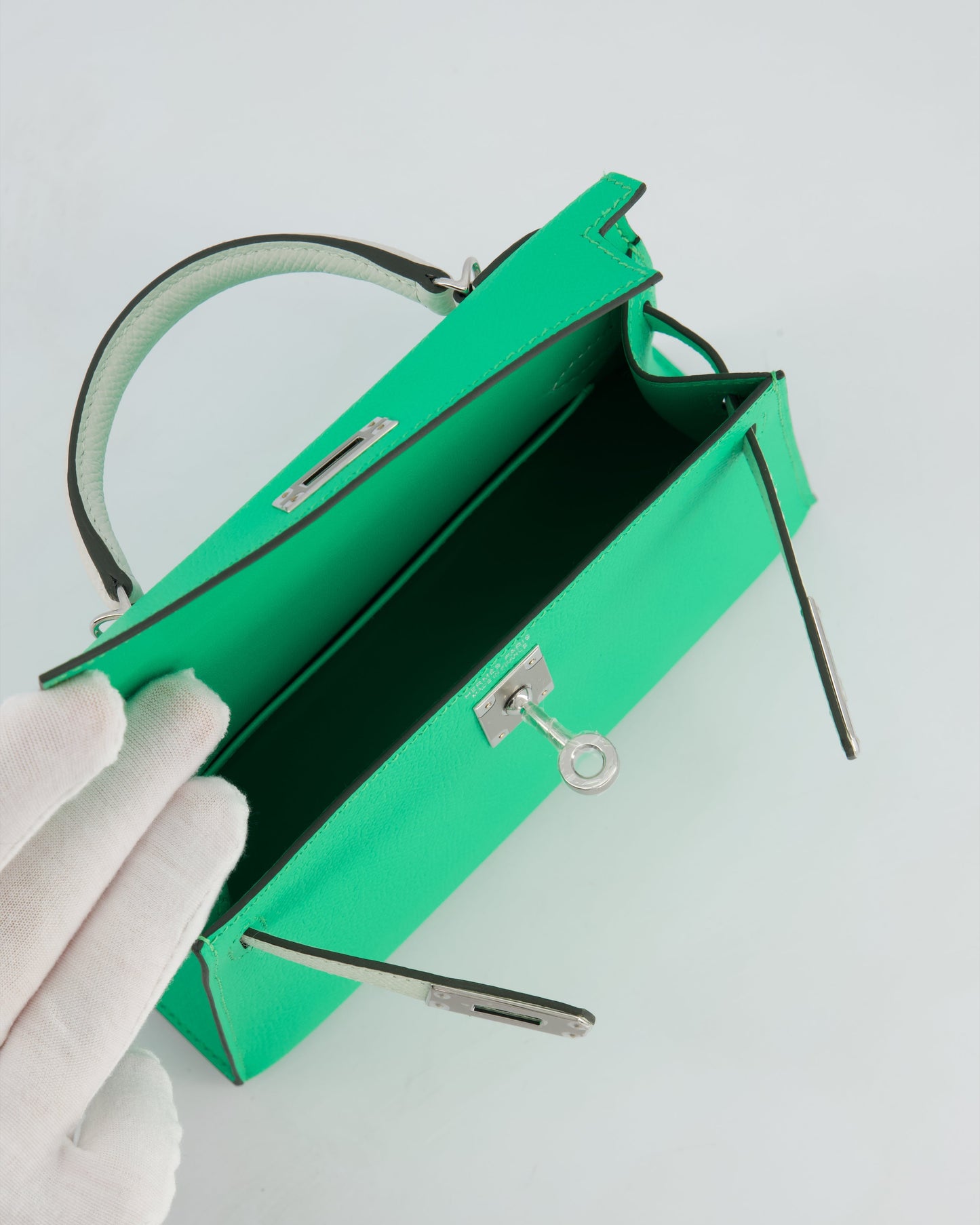 Hermès Mini Kelly II Tricolour 20cm Bag In Vert Comics, Vert Fizz and Gris Pale Epsom Leather with Palladium Hardware