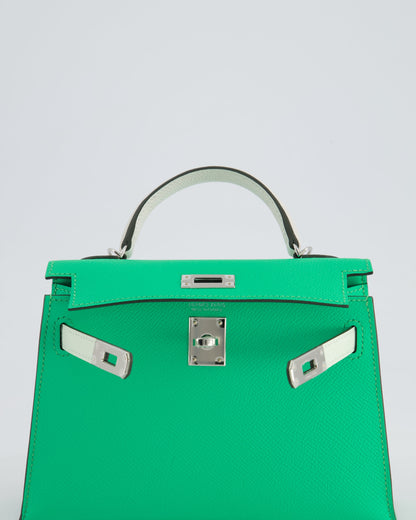 Hermès Mini Kelly II Tricolour 20cm Bag In Vert Comics, Vert Fizz and Gris Pale Epsom Leather with Palladium Hardware
