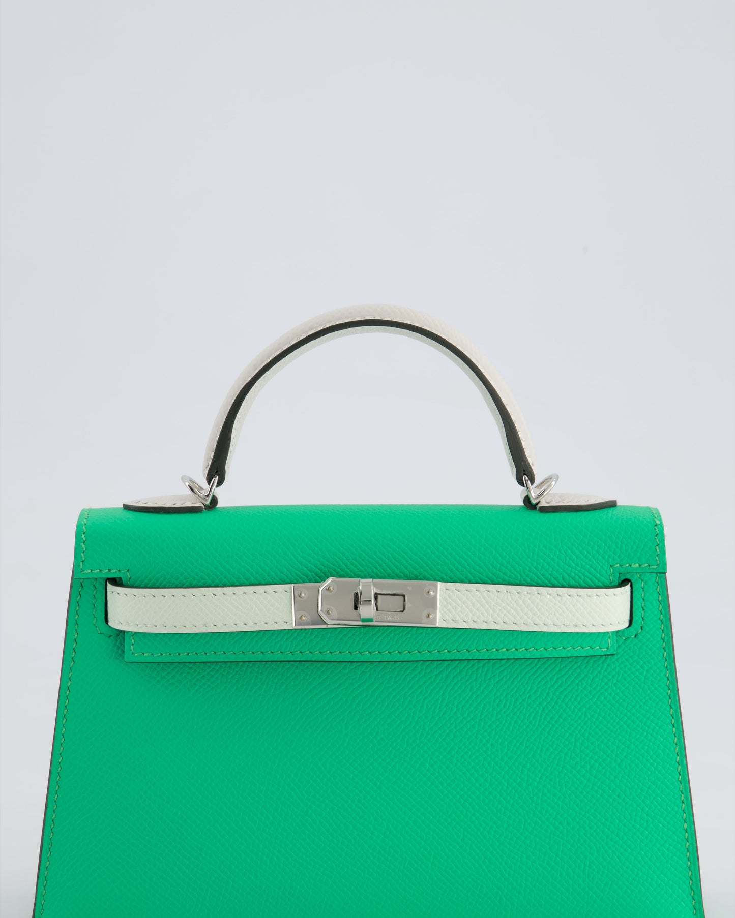 Hermès Mini Kelly II Tricolour 20cm Bag In Vert Comics, Vert Fizz and Gris Pale Epsom Leather with Palladium Hardware