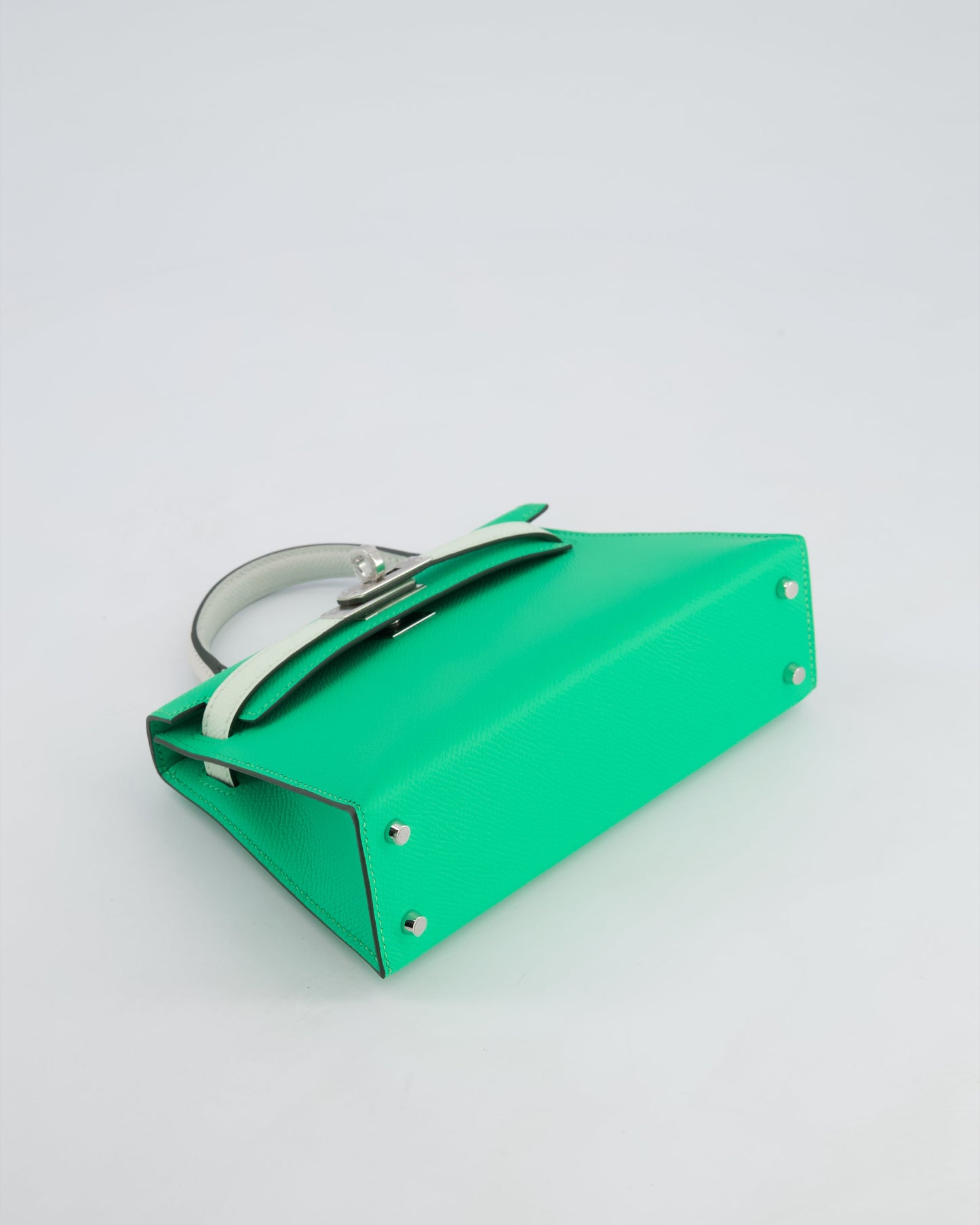 Hermès Mini Kelly II Tricolour 20cm Bag In Vert Comics, Vert Fizz and Gris Pale Epsom Leather with Palladium Hardware