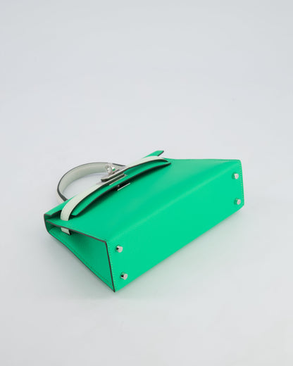 Hermès Mini Kelly II Tricolour 20cm Bag In Vert Comics, Vert Fizz and Gris Pale Epsom Leather with Palladium Hardware