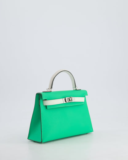 Hermès Mini Kelly II Tricolour 20cm Bag In Vert Comics, Vert Fizz and Gris Pale Epsom Leather with Palladium Hardware