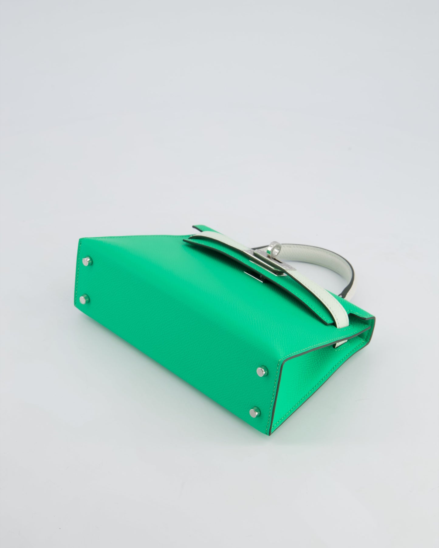 Hermès Mini Kelly II Tricolour 20cm Bag In Vert Comics, Vert Fizz and Gris Pale Epsom Leather with Palladium Hardware