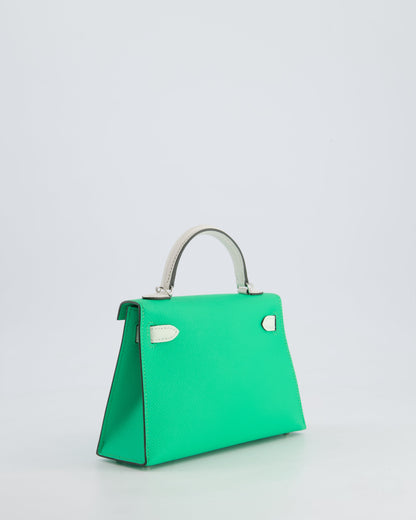 Hermès Mini Kelly II Tricolour 20cm Bag In Vert Comics, Vert Fizz and Gris Pale Epsom Leather with Palladium Hardware