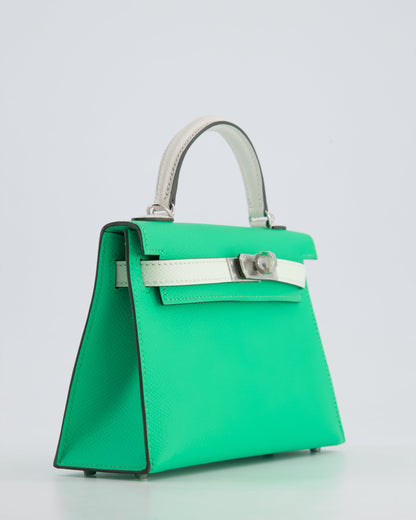 Hermès Mini Kelly II Tricolour 20cm Bag In Vert Comics, Vert Fizz and Gris Pale Epsom Leather with Palladium Hardware