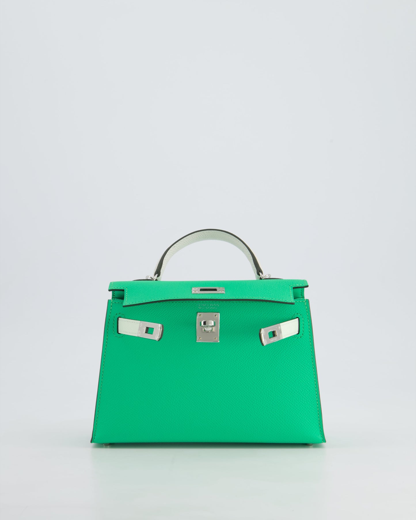 Hermès Mini Kelly II Tricolour 20cm Bag In Vert Comics, Vert Fizz and Gris Pale Epsom Leather with Palladium Hardware