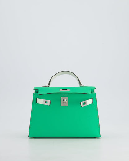 Hermès Mini Kelly II Tricolour 20cm Bag In Vert Comics, Vert Fizz and Gris Pale Epsom Leather with Palladium Hardware