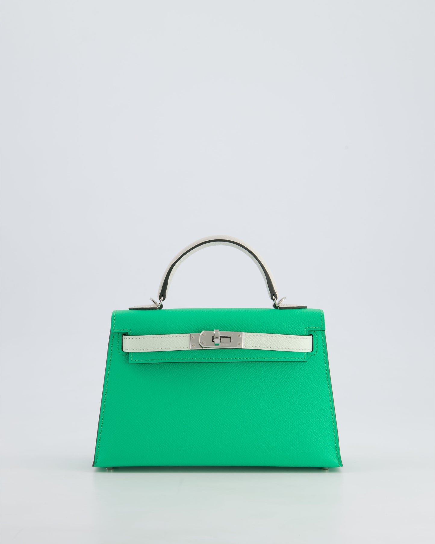 Hermès Mini Kelly II Tricolour 20cm Bag In Vert Comics, Vert Fizz and Gris Pale Epsom Leather with Palladium Hardware