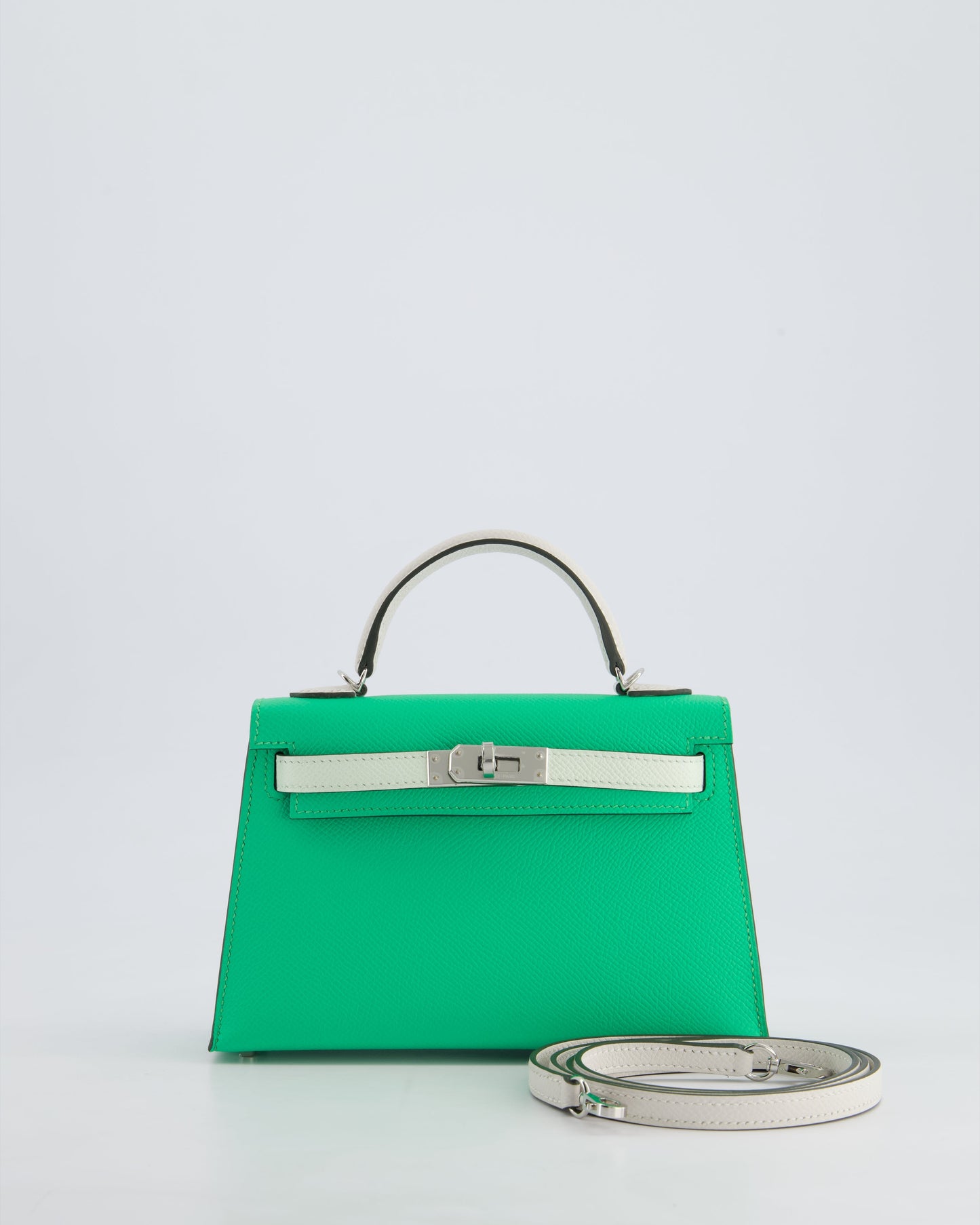 Hermès Mini Kelly II Tricolour 20cm Bag In Vert Comics, Vert Fizz and Gris Pale Epsom Leather with Palladium Hardware