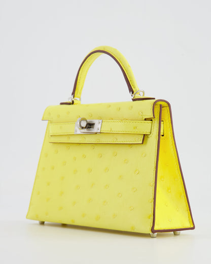 Hermès Mini Kelly II 20cm Bag in Jaune Citron Ostrich Leather with Palladium Hardware