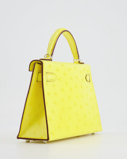 Hermès Mini Kelly II 20cm Bag in Jaune Citron Ostrich Leather with Palladium Hardware