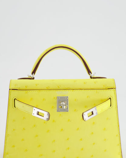 Hermès Mini Kelly II 20cm Bag in Jaune Citron Ostrich Leather with Palladium Hardware