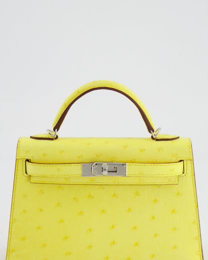 Hermès Mini Kelly II 20cm Bag in Jaune Citron Ostrich Leather with Palladium Hardware