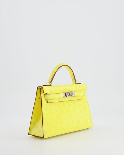 Hermès Mini Kelly II 20cm Bag in Jaune Citron Ostrich Leather with Palladium Hardware