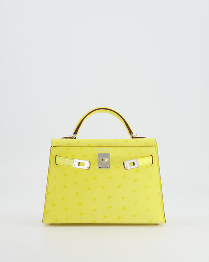 Hermès Mini Kelly II 20cm Bag in Jaune Citron Ostrich Leather with Palladium Hardware