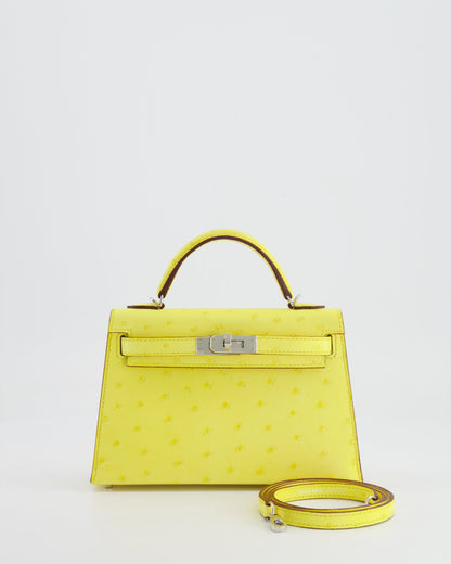 Hermès Mini Kelly II 20cm Bag in Jaune Citron Ostrich Leather with Palladium Hardware
