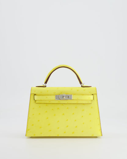 Hermès Mini Kelly II 20cm Bag in Jaune Citron Ostrich Leather with Palladium Hardware