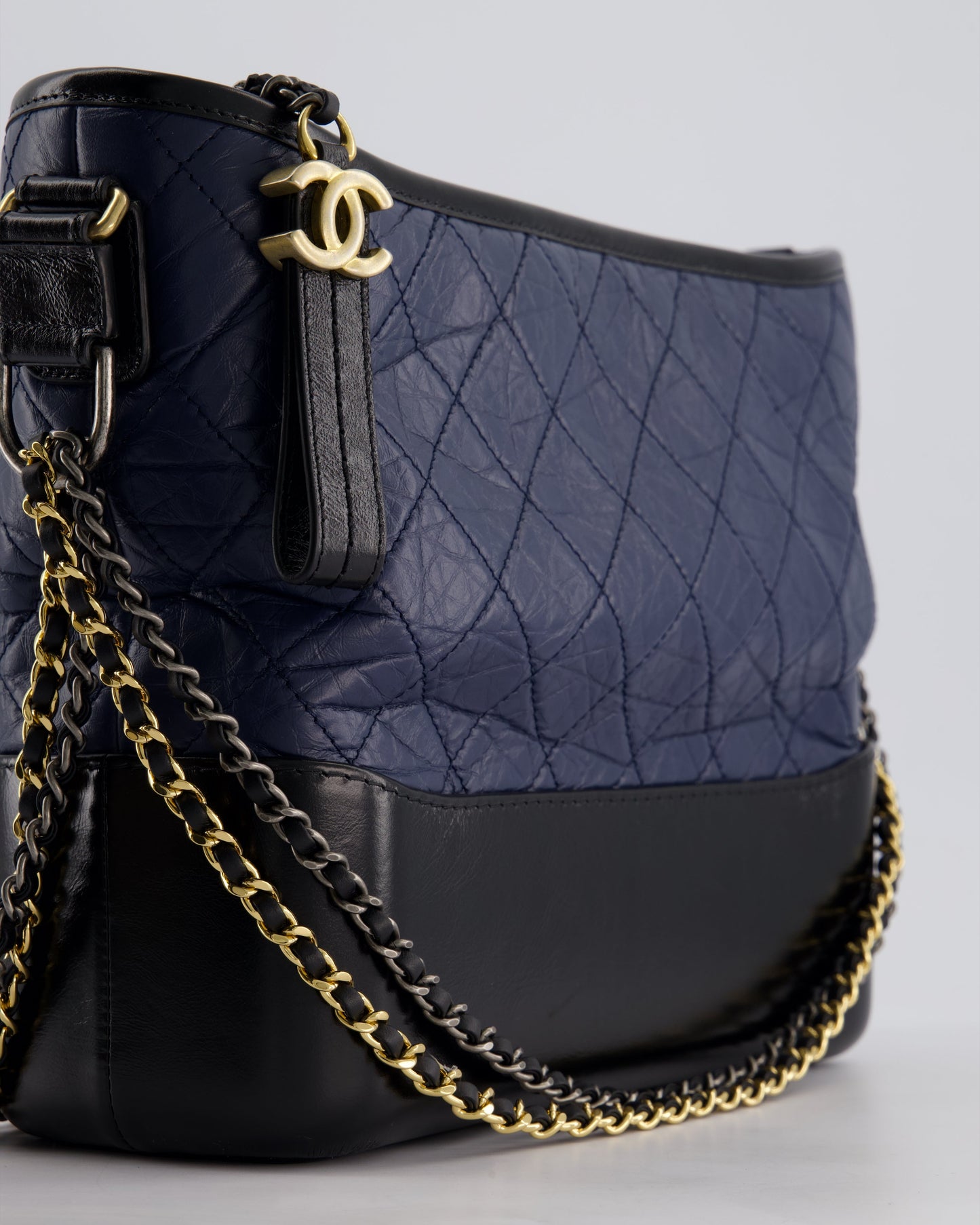 Chanel Navy & Black Medium Gabrielle Bag in Aged Calfskin Leather with Mixed Hardware