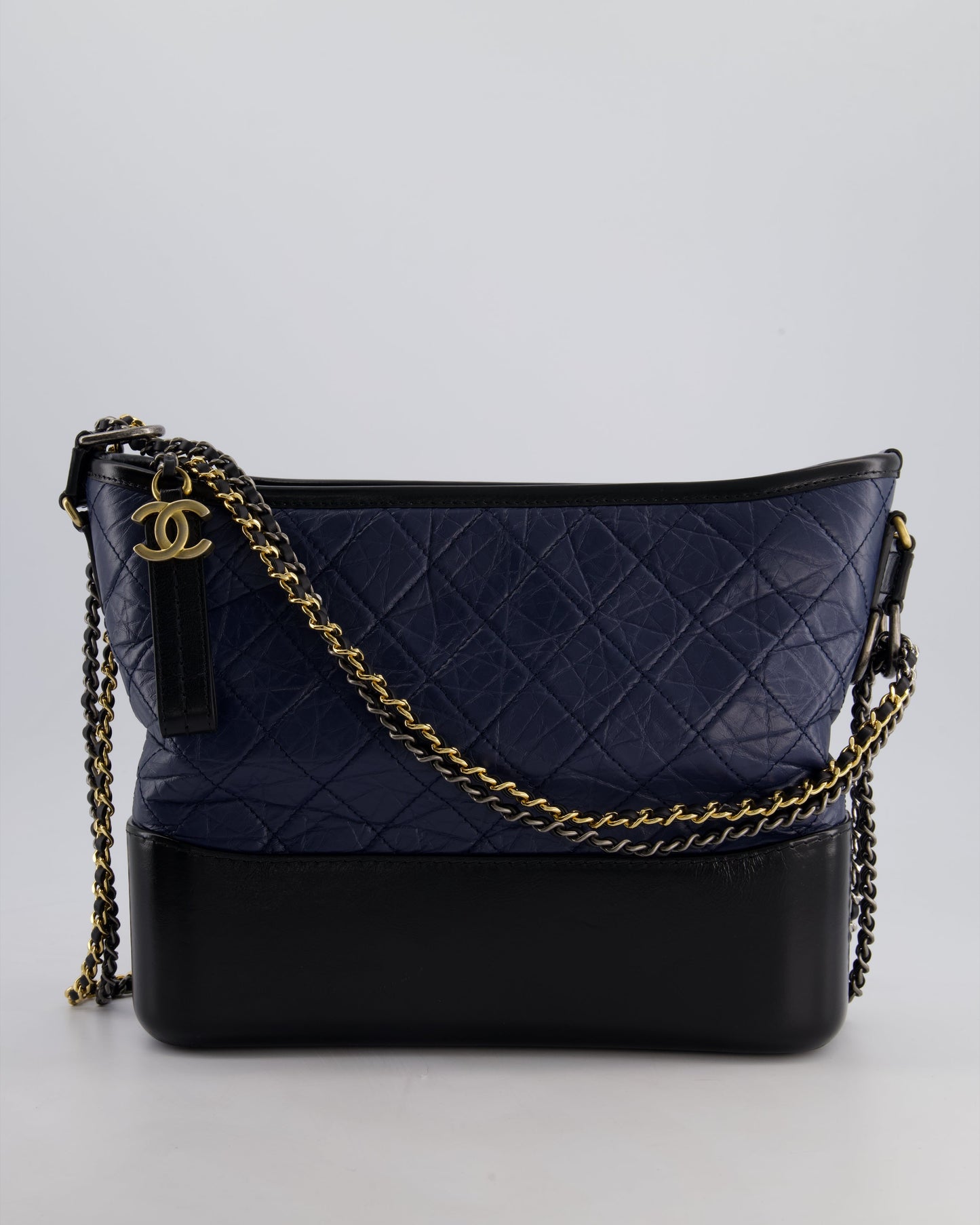 Chanel Navy & Black Medium Gabrielle Bag in Aged Calfskin Leather with Mixed Hardware
