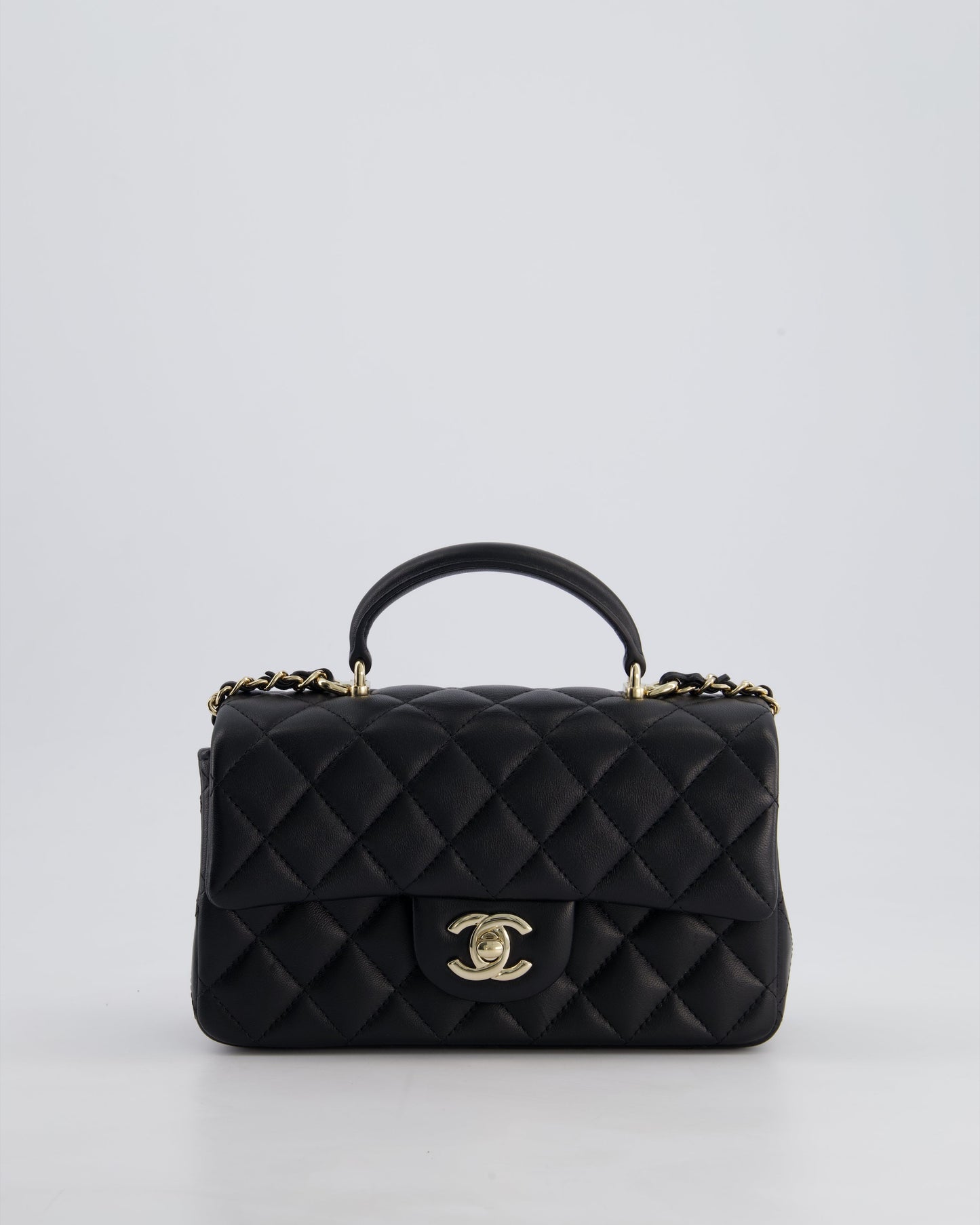 Chanel Black Mini Rectangular Top Handle Bag in Lambskin Leather with Champagne Gold Hardware