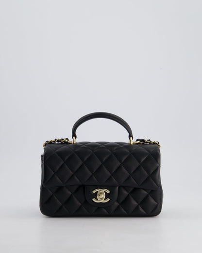 Chanel Black Mini Rectangular Top Handle Bag in Lambskin Leather with Champagne Gold Hardware