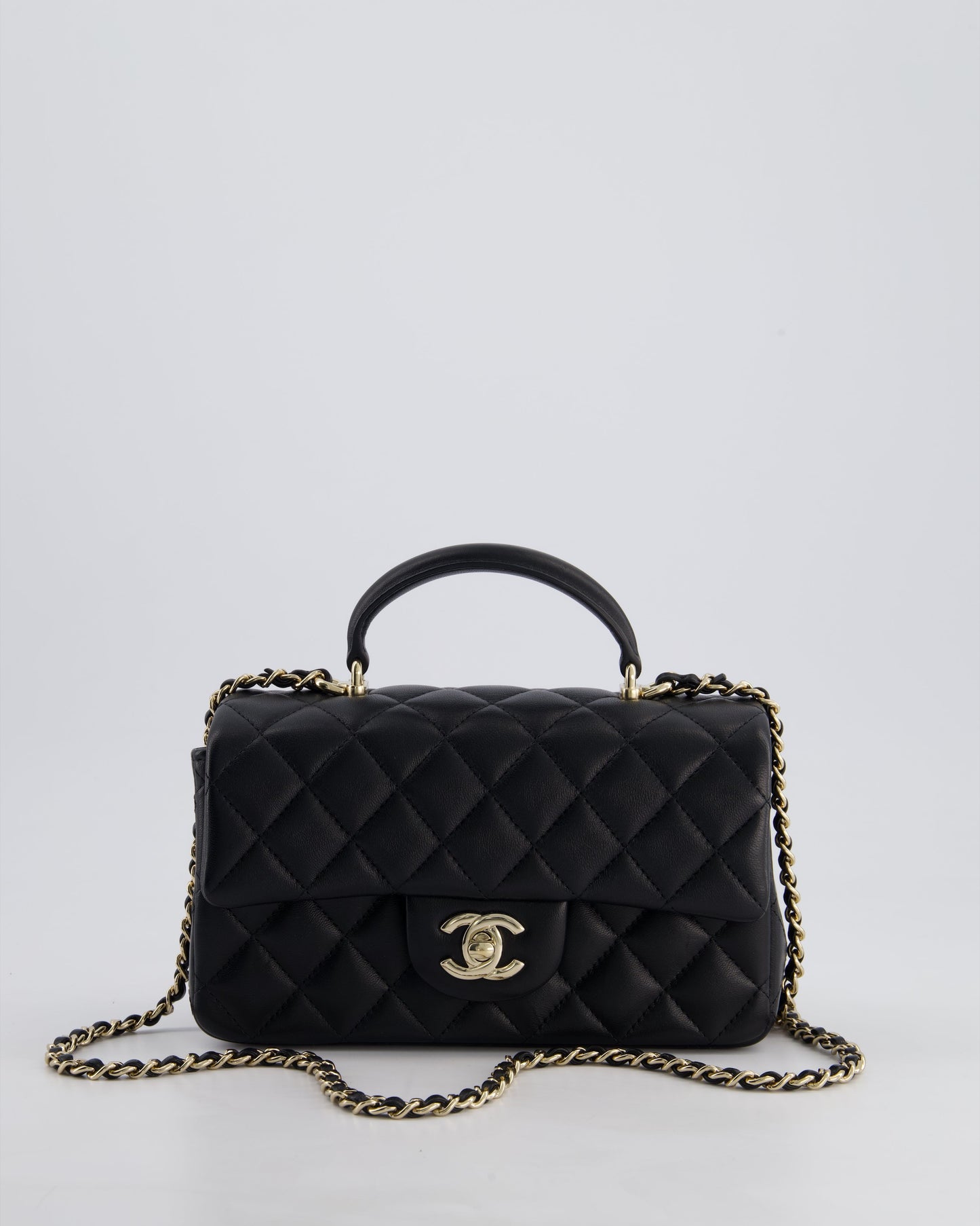 Chanel Black Mini Rectangular Top Handle Bag in Lambskin Leather with Champagne Gold Hardware