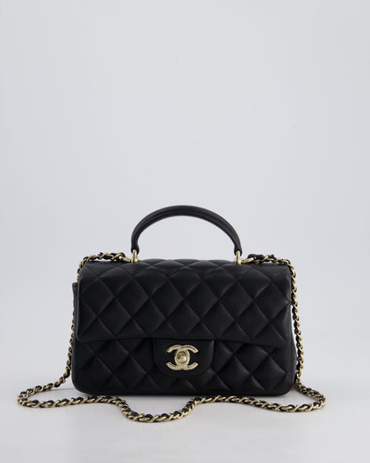 Chanel Black Mini Rectangular Top Handle Bag in Lambskin Leather with Champagne Gold Hardware