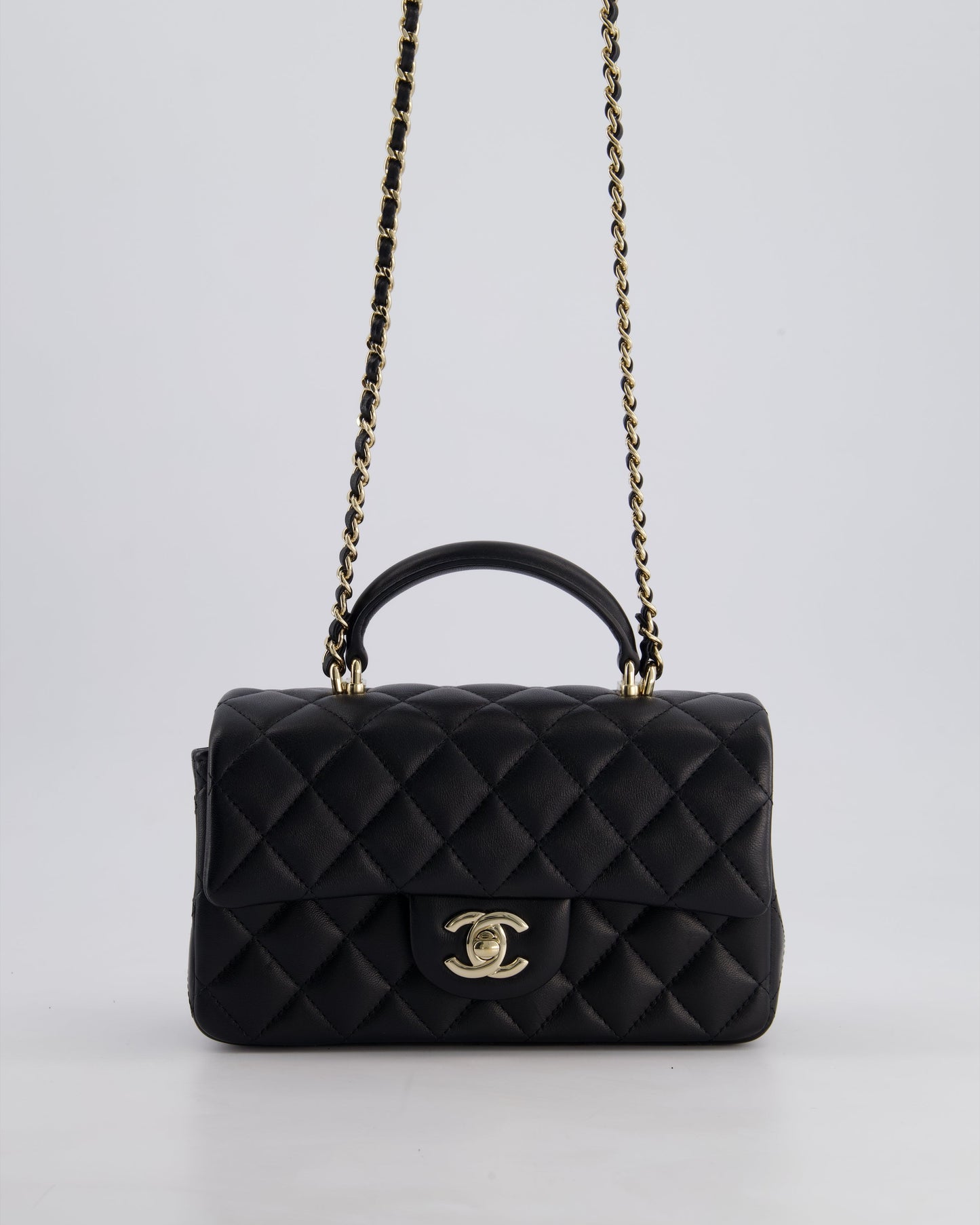 Chanel Black Mini Rectangular Top Handle Bag in Lambskin Leather with Champagne Gold Hardware