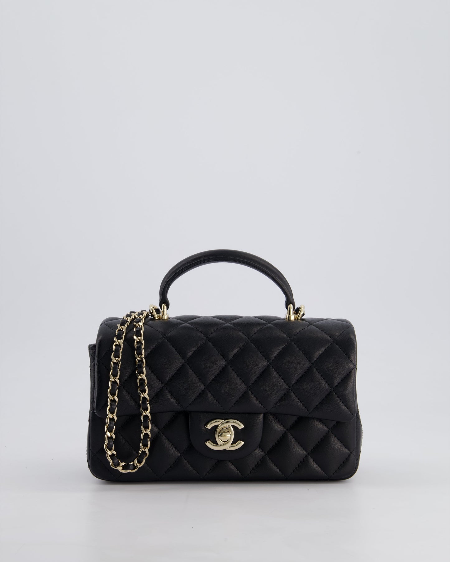 Chanel Black Mini Rectangular Top Handle Bag in Lambskin Leather with Champagne Gold Hardware