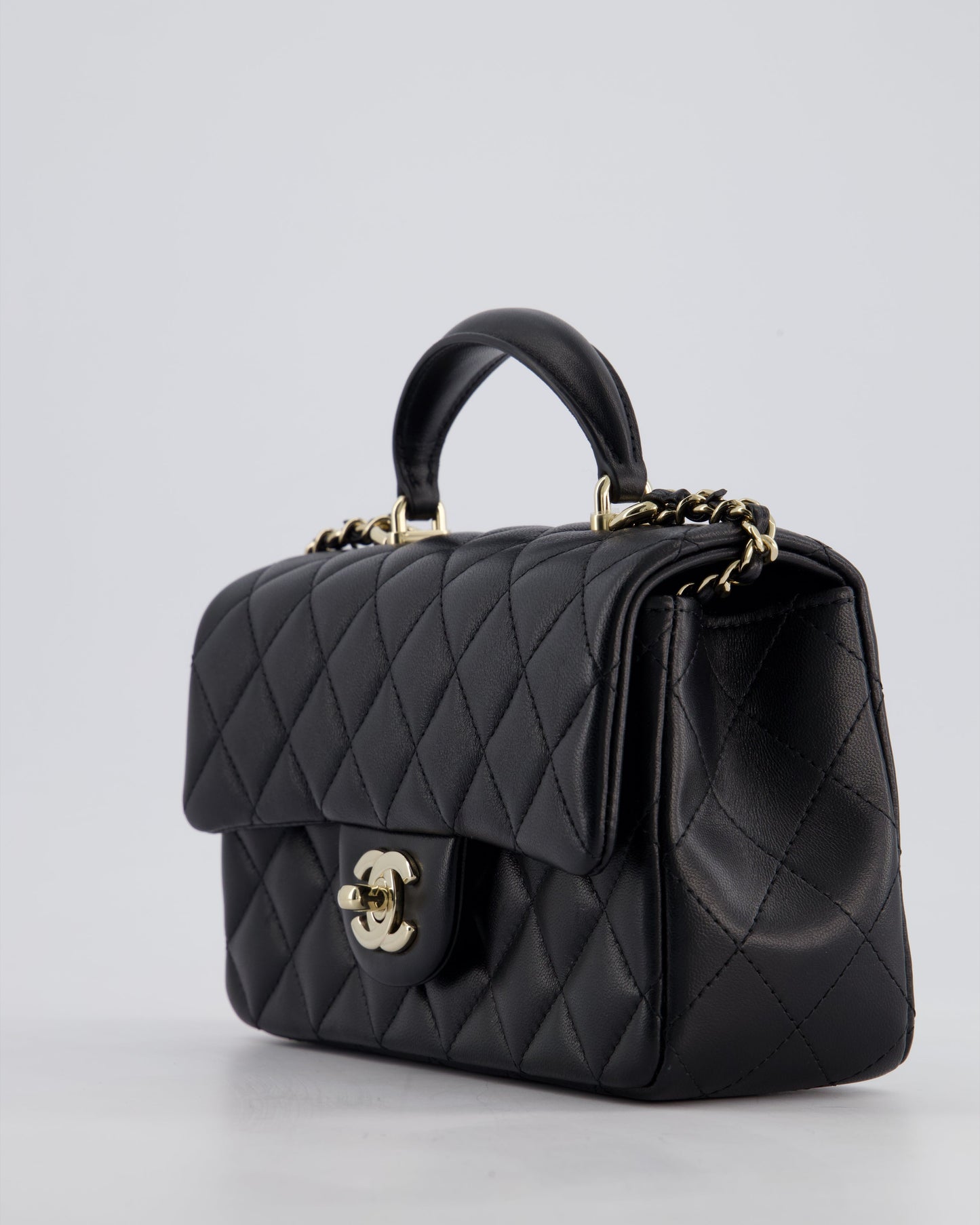 Chanel Black Mini Rectangular Top Handle Bag in Lambskin Leather with Champagne Gold Hardware