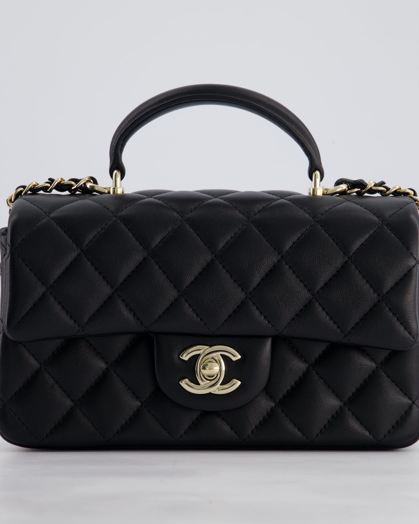 Chanel Black Mini Rectangular Top Handle Bag in Lambskin Leather with Champagne Gold Hardware