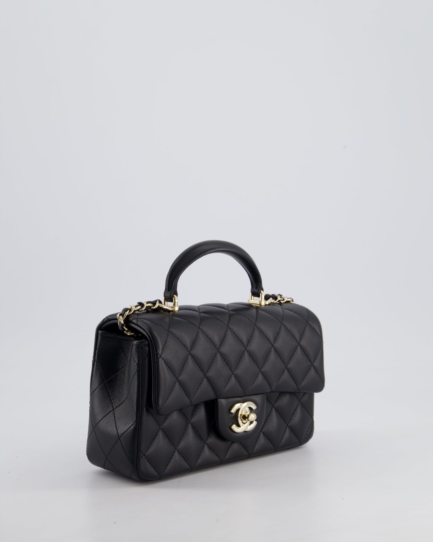Chanel Black Mini Rectangular Top Handle Bag in Lambskin Leather with Champagne Gold Hardware