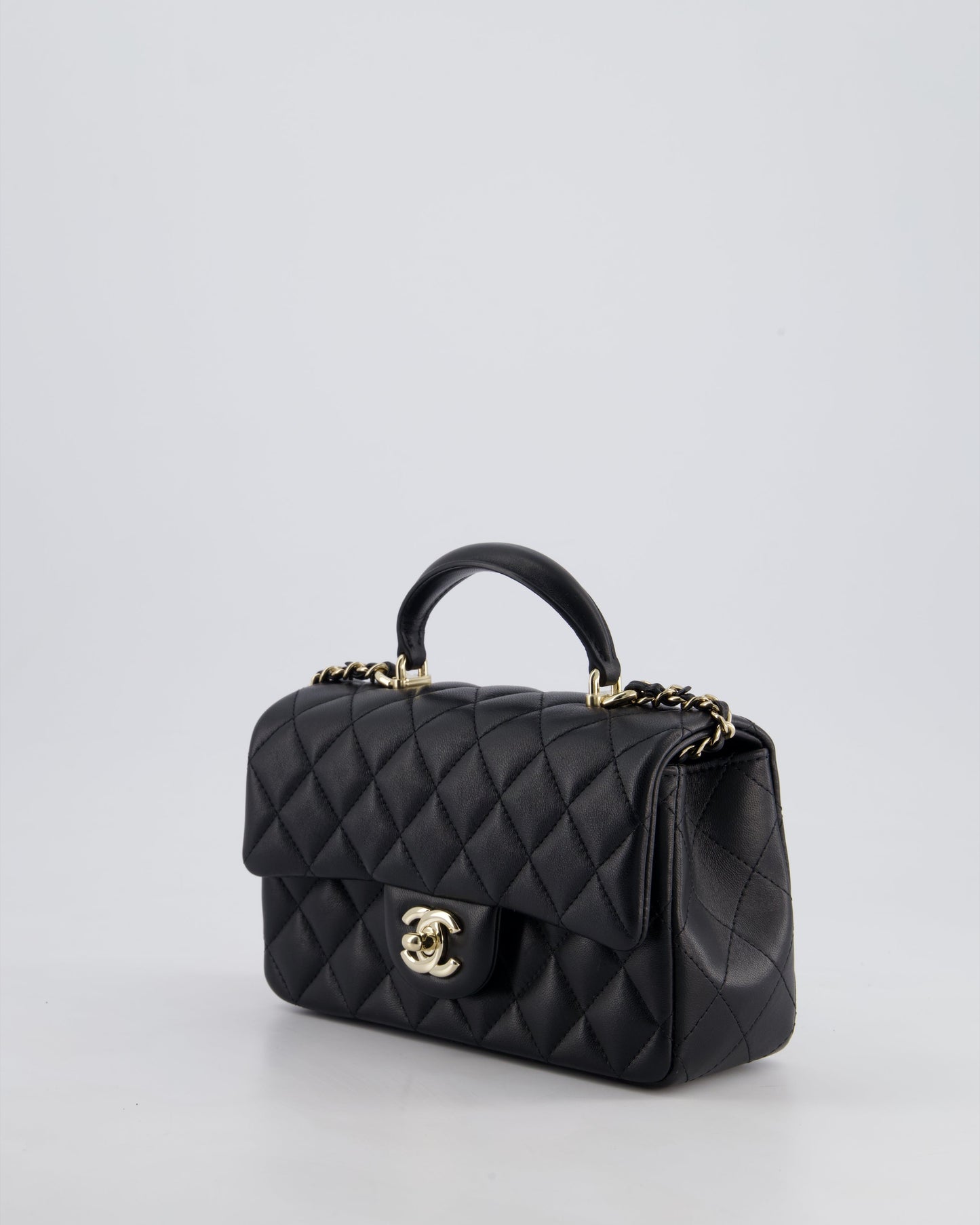 Chanel Black Mini Rectangular Top Handle Bag in Lambskin Leather with Champagne Gold Hardware