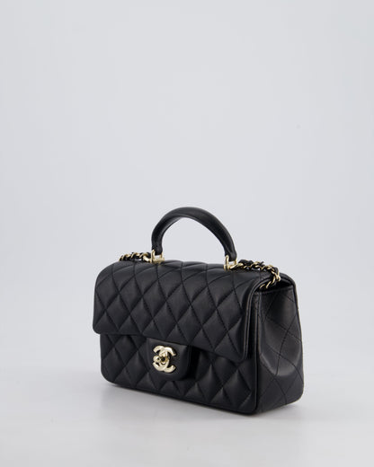 Chanel Black Mini Rectangular Top Handle Bag in Lambskin Leather with Champagne Gold Hardware