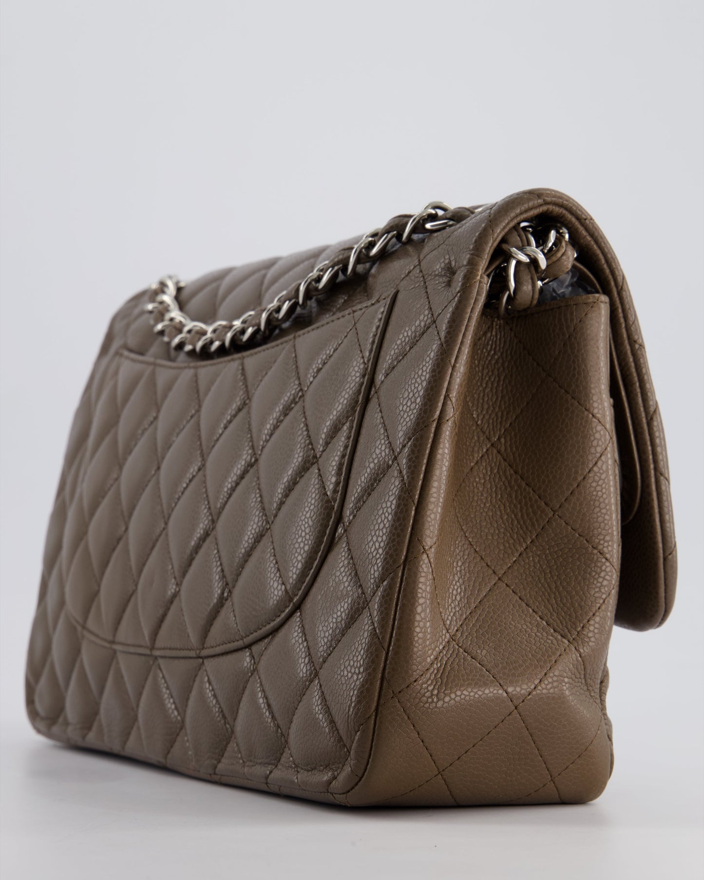 Chanel Khaki Brown Jumbo Classic Double Flap Bag in Caviar Leather with Silver Hardware