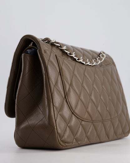 Chanel Khaki Brown Jumbo Classic Double Flap Bag in Caviar Leather with Silver Hardware