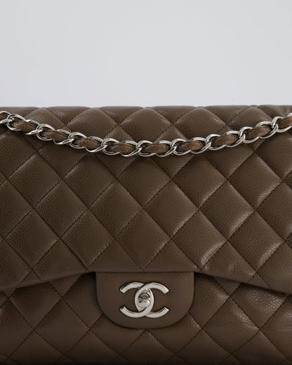 Chanel Khaki Brown Jumbo Classic Double Flap Bag in Caviar Leather with Silver Hardware