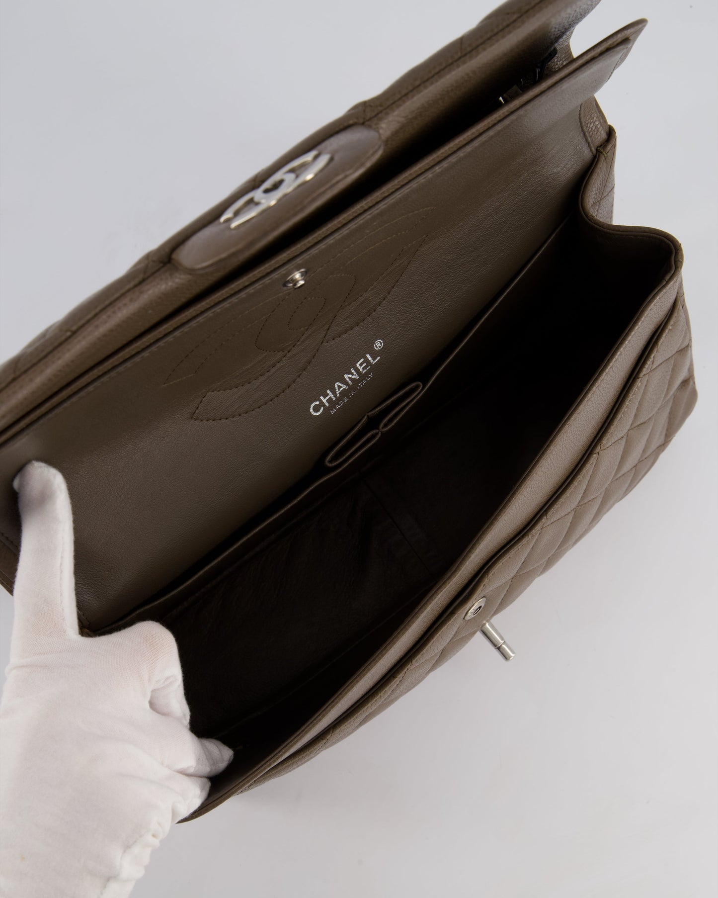 Chanel Khaki Brown Jumbo Classic Double Flap Bag in Caviar Leather with Silver Hardware