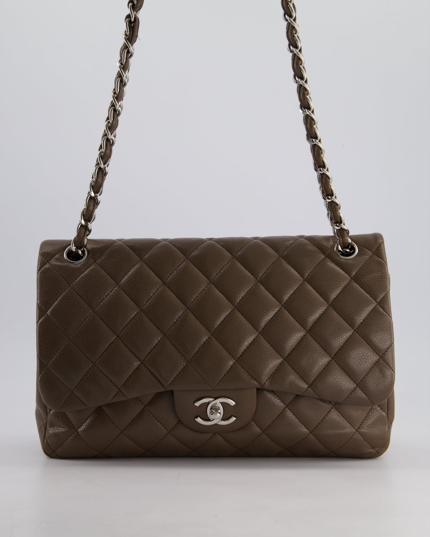 Chanel Khaki Brown Jumbo Classic Double Flap Bag in Caviar Leather with Silver Hardware
