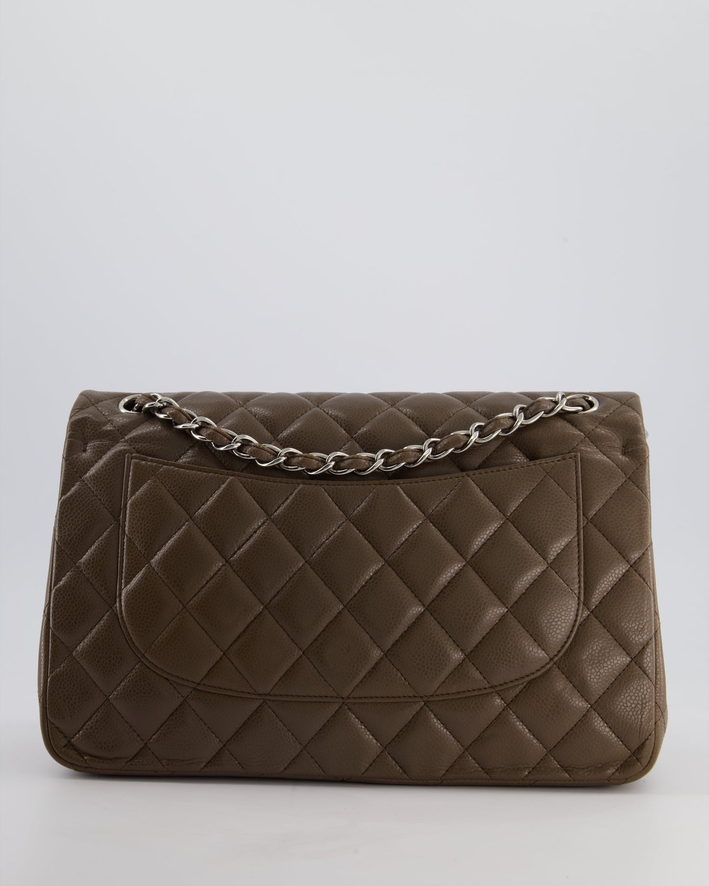 Chanel Khaki Brown Jumbo Classic Double Flap Bag in Caviar Leather with Silver Hardware