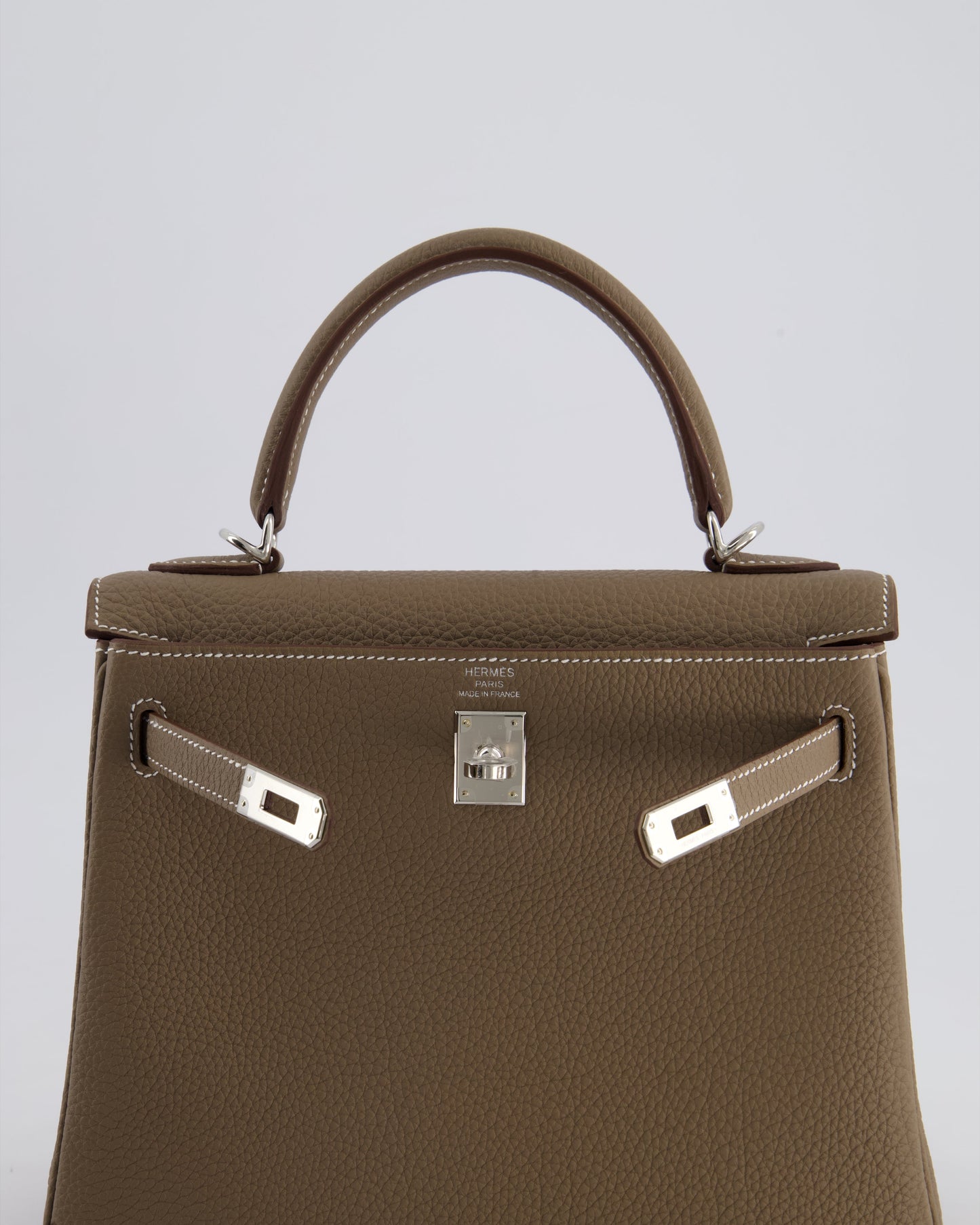 *RARE* Hermès Kelly Retourne Bag 25cm in Etoupe Togo Leather with Palladium Hardware