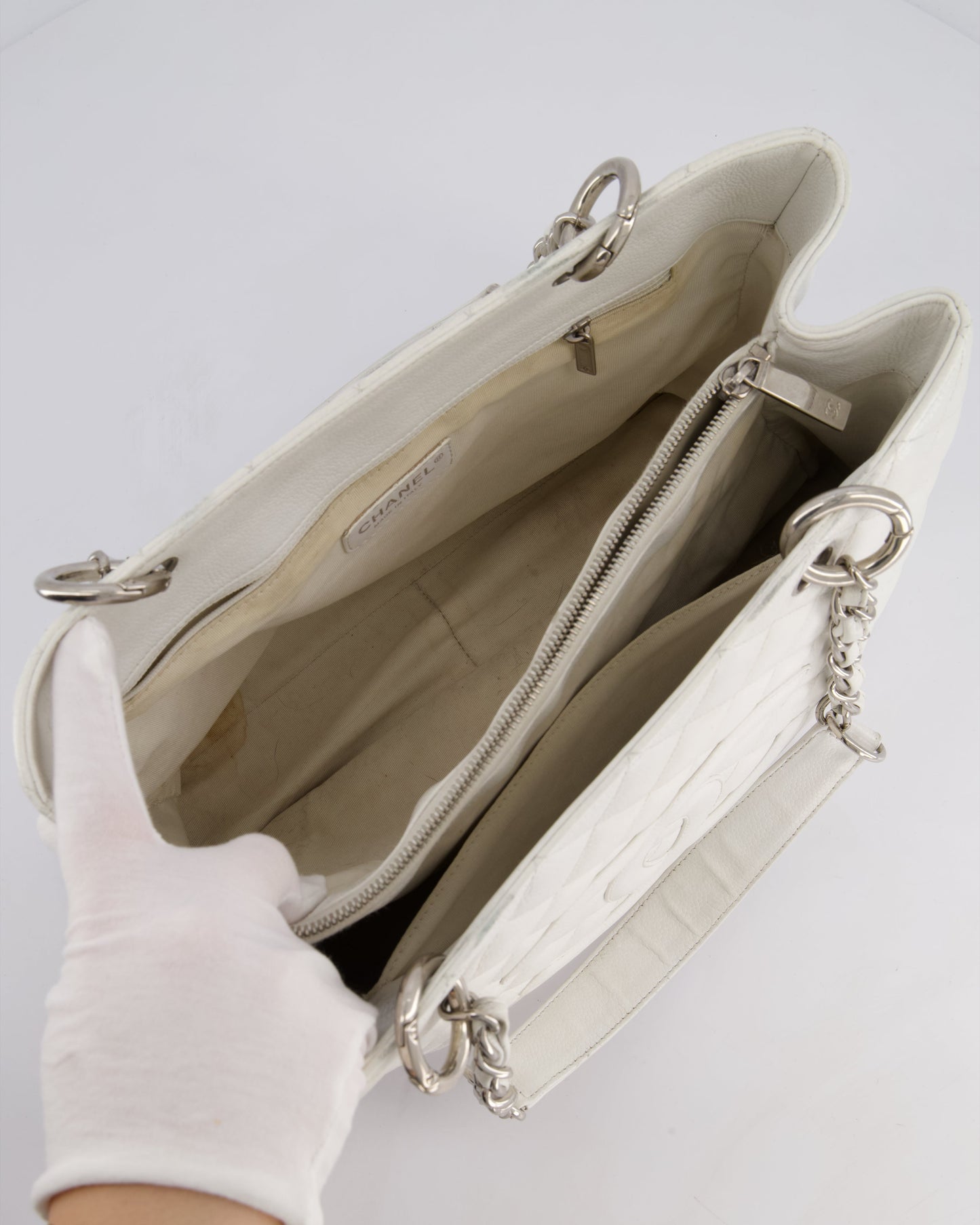 Chanel White GST Tote Bag in Caviar Leather with Silver Hardware