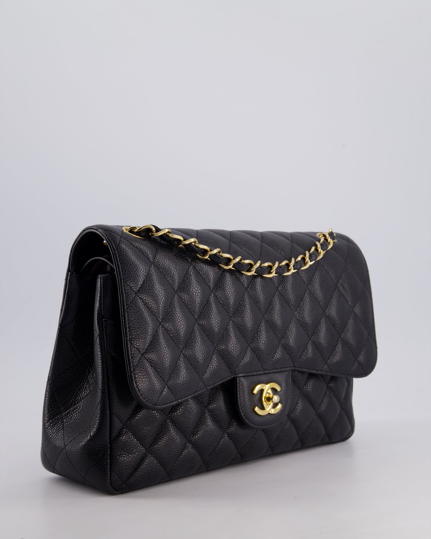 Chanel Black Jumbo Classic Double Flap Bag in Caviar Leather with Gold Hardware