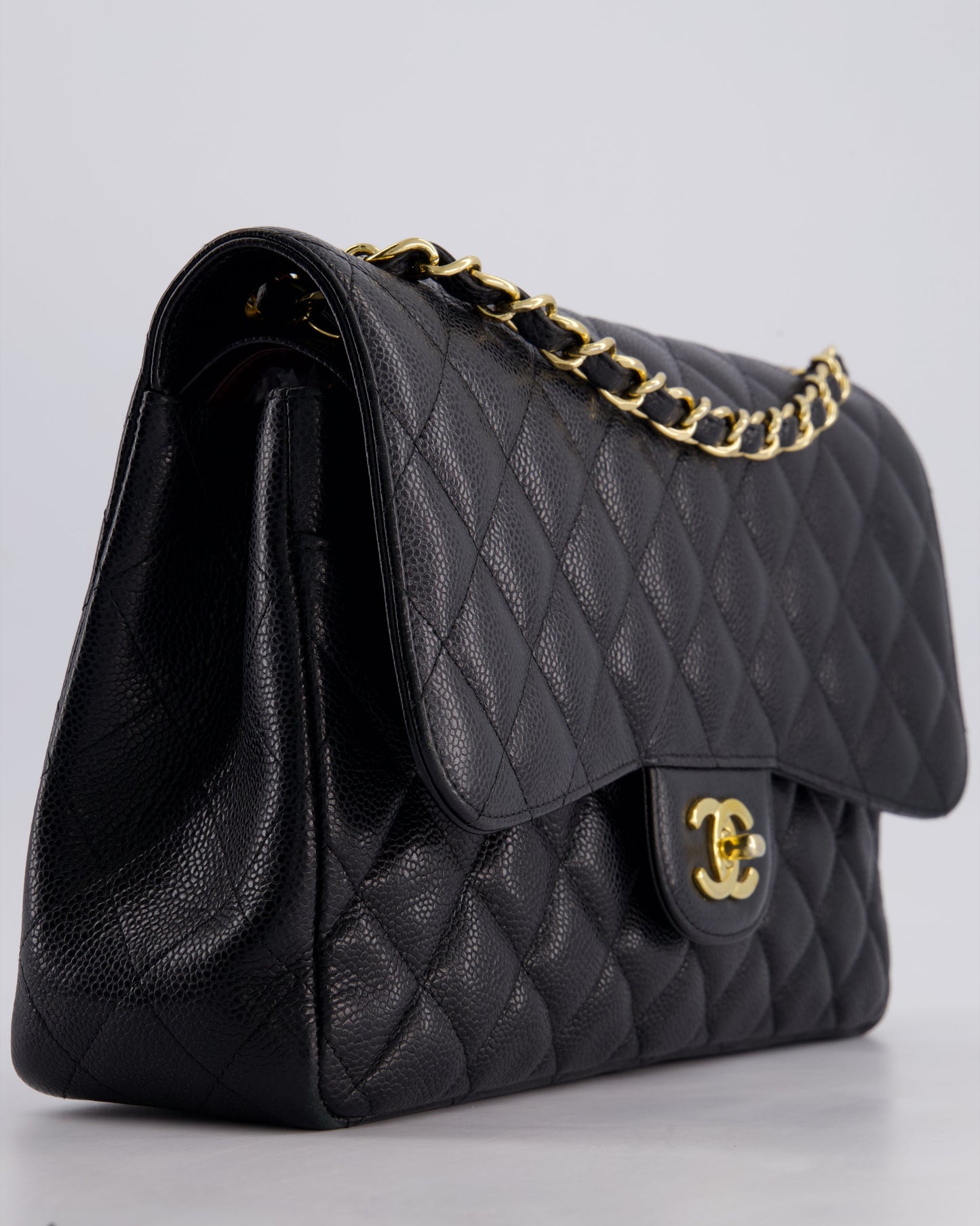 Chanel Black Jumbo Classic Double Flap Bag in Caviar Leather with Gold Hardware