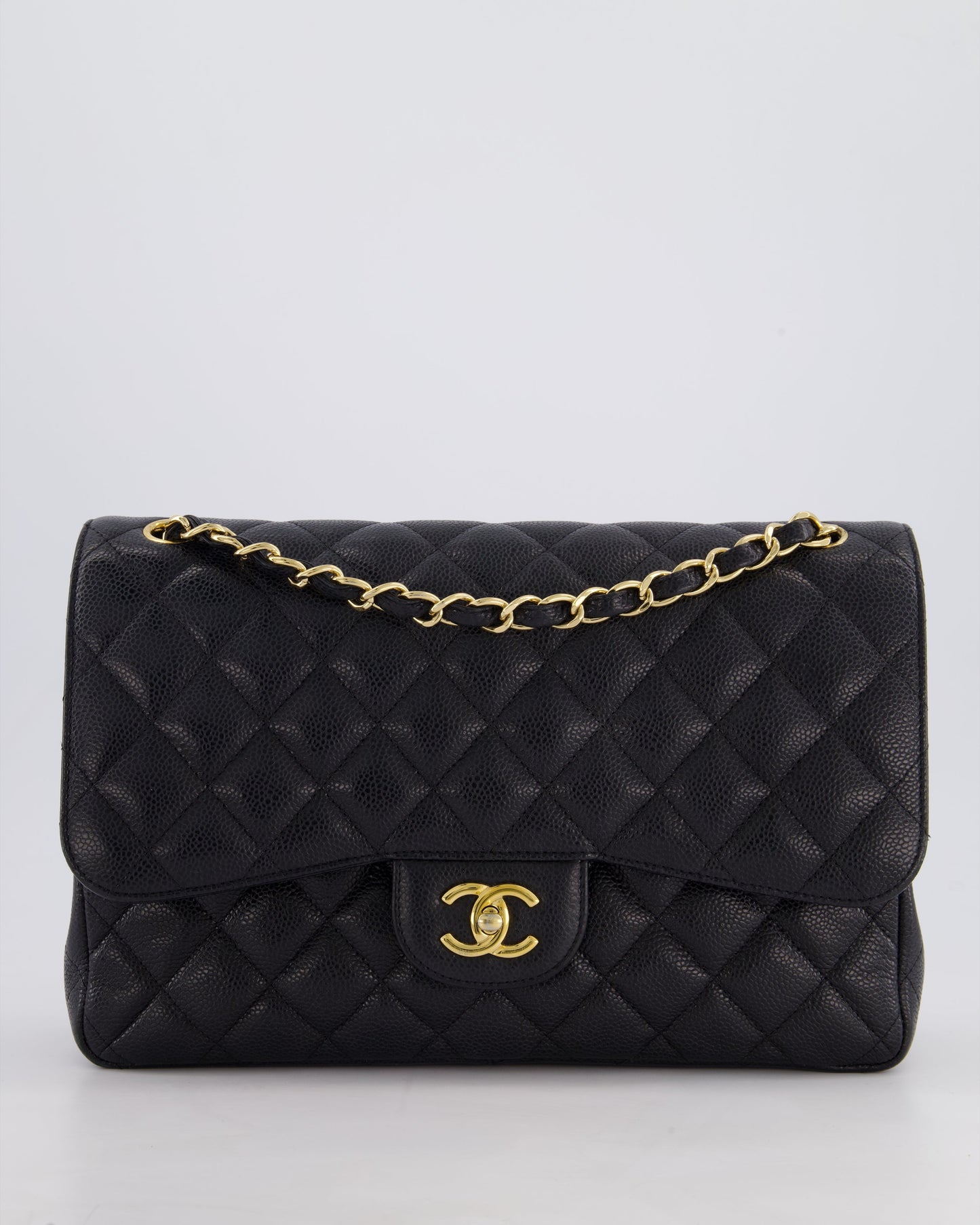 Chanel Black Jumbo Classic Double Flap Bag in Caviar Leather with Gold Hardware