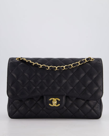 Chanel Black Jumbo Classic Double Flap Bag in Caviar Leather with Gold Hardware